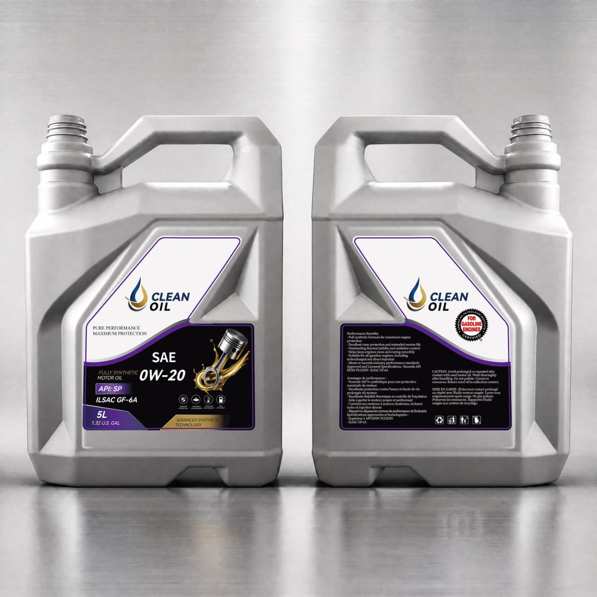 Bidon Clean Oil SAE 0W-20 de 5 L, vues de face et de dos