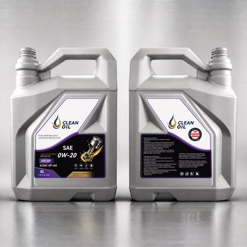 Bidon Clean Oil SAE 0W-20 de 5 L, vues de face et de dos