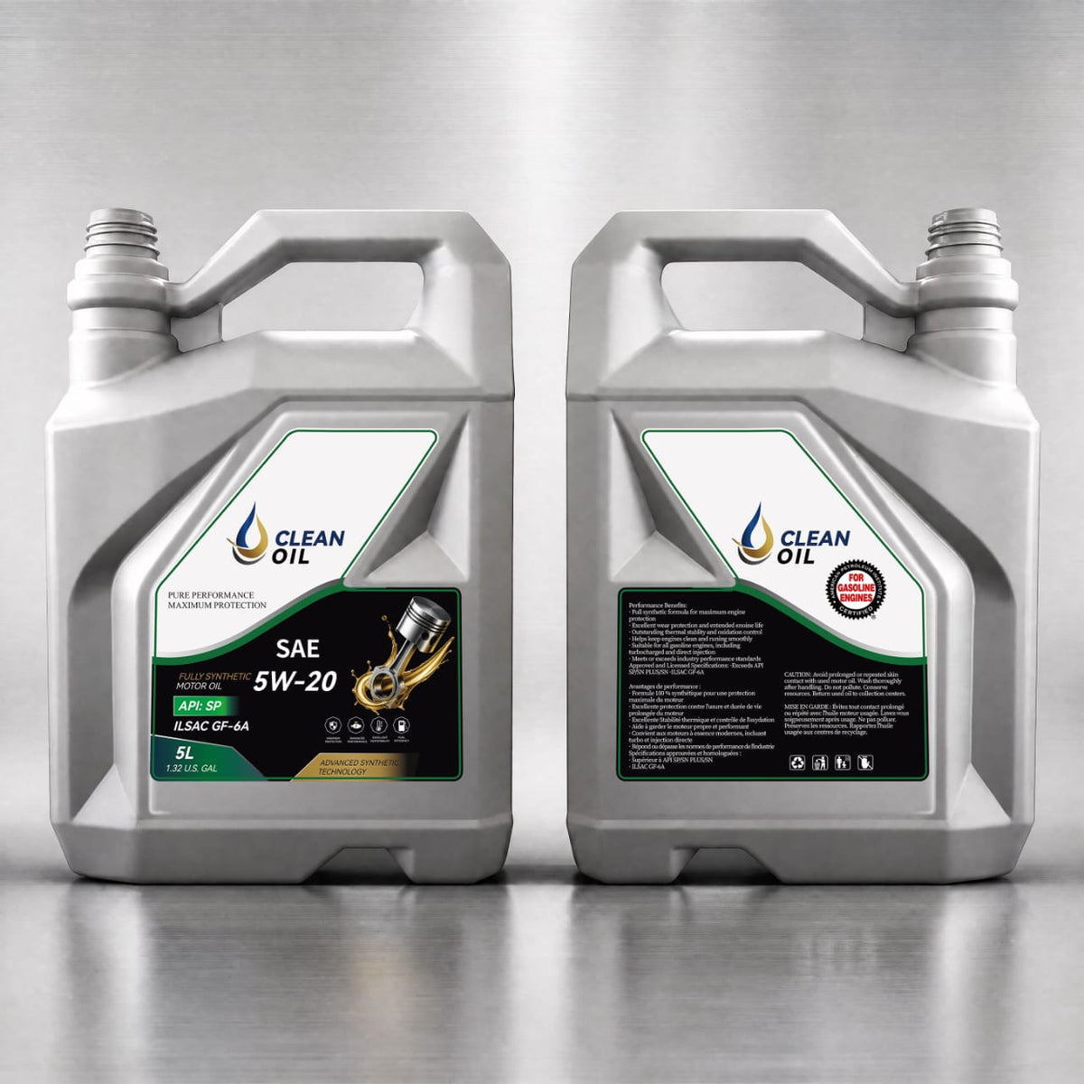 Bidon Clean Oil SAE 5W-20 de 5 L, vues de face et de dos