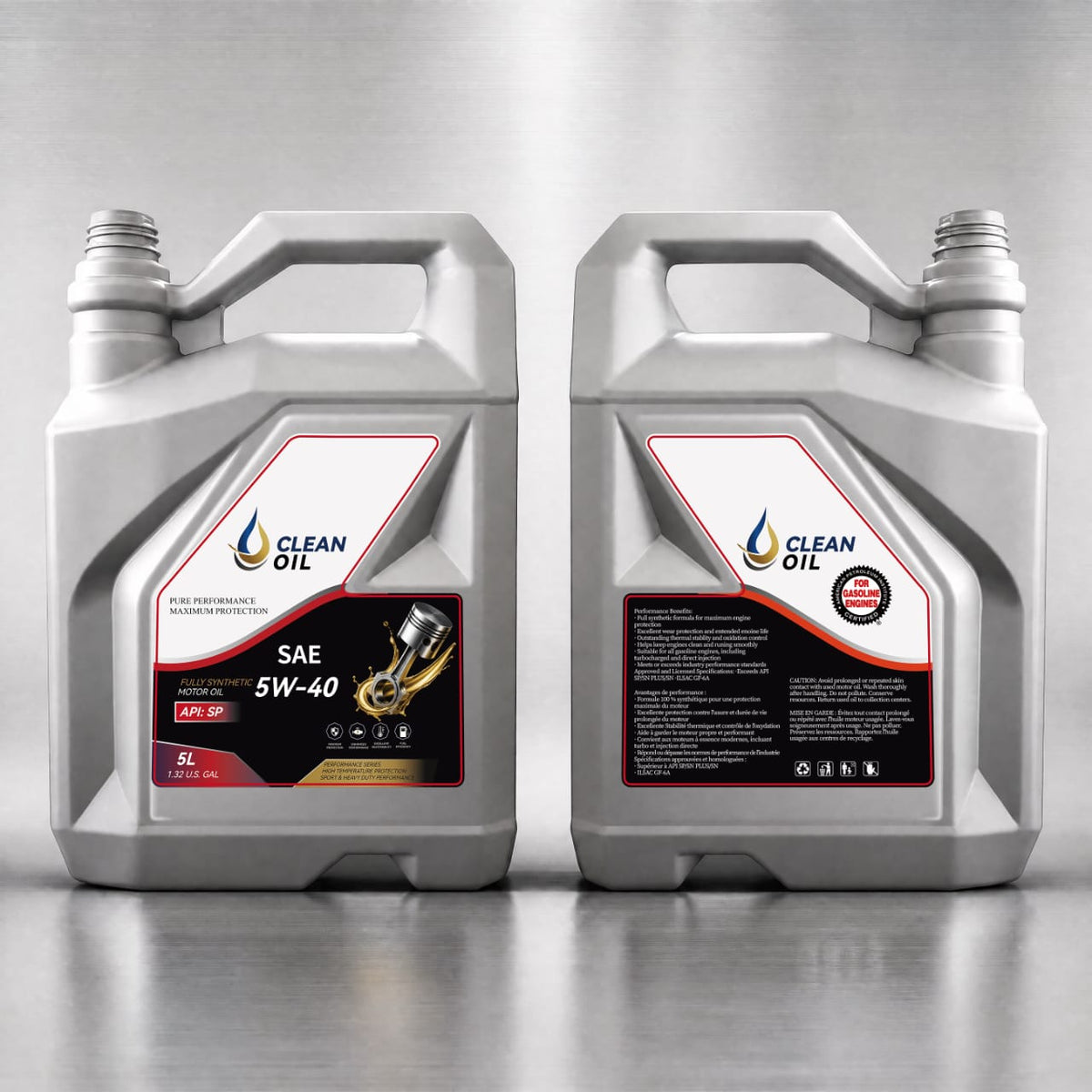Bidon Clean Oil SAE 5W-40 de 5 L, vues de face et de dos